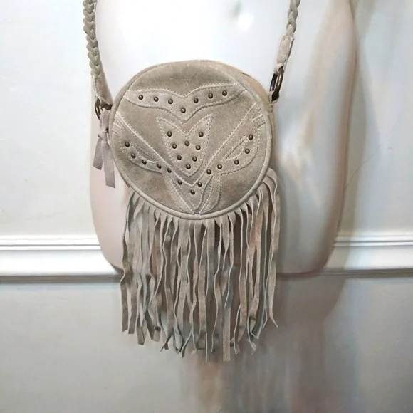 Earthbound Trading Co. Boho Tan Canvas & Studded Suede Fringed Crossbody Purse - Picture 2 of 13